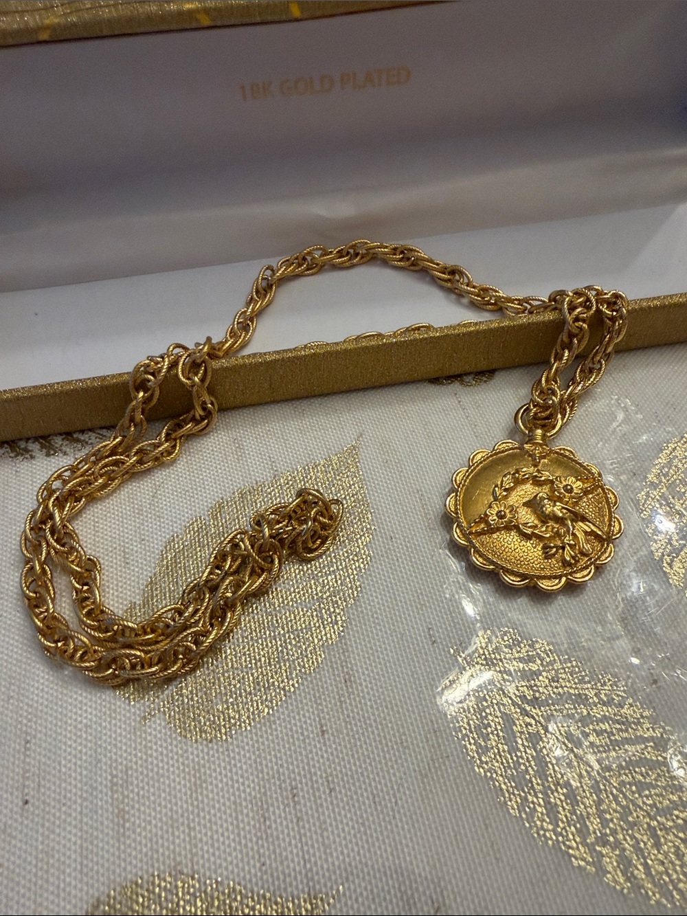18K Gold Plated Floral Bird Medallion Pendant Necklace by  Trifari - Gold